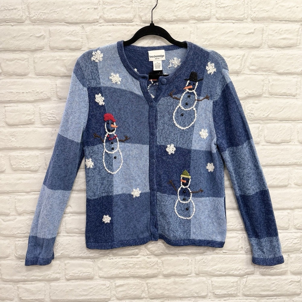 Vtg 90s Christmas Cardigan Womens Petite S Blue Snowmen Patchwork Holiday Granny
